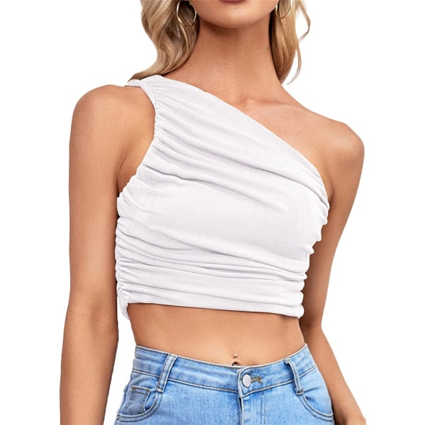 Kvinde Sexet Rynket En-Skulder Ærmeløs Crop Top Camisole HVID L