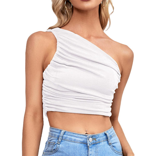 Kvinners Sexy Ruched One-Shoulder Ermeløs Crop Top Camisole HVIT L