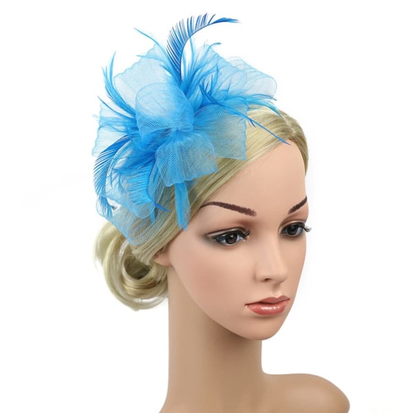 Slør Fascinator Te Selskab Pandebånd Mesh Fjer Hovedbeklædning med Clip til Kvinder Bryllup Sø Blå