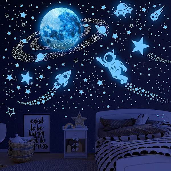 Glow-in-the-dark planeter, Glow-in-the-dark stjerner, solcelle tak astronaut, selvlysende fluorescerende galakse veggklistremerker dekorasjon for baby barn jenter gutter