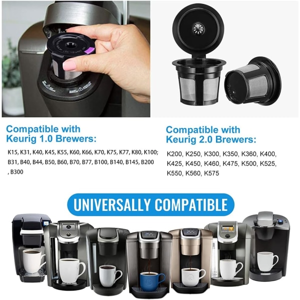 Gjenbrukbare K-kopper, 4-pakning Universal Fit Gjenbrukbare Kaffe Filtre med Mat Grade Rustfritt Stål Mesh Miljøvennlige Kaffe Gjenbrukbare Pods for Keurig 1.0 og 2.0 Bryggere (Svart)