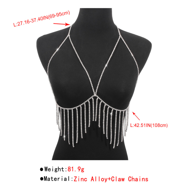 Glitrende Rhinestone Body Chain Bra Sølv Duskkjede Brystkjeder Bikini