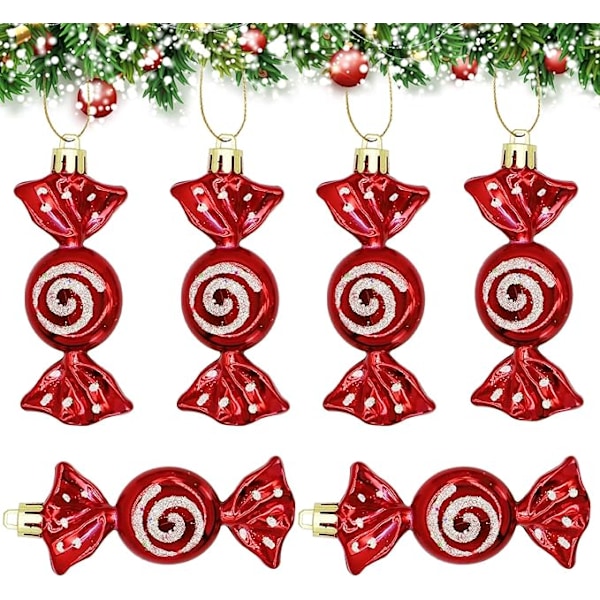 Julgodispynt, 6 stycken julgransgodis hängande dekorationer glitter pepparkaksdekoration söta formade kulor hängande hängen för jul