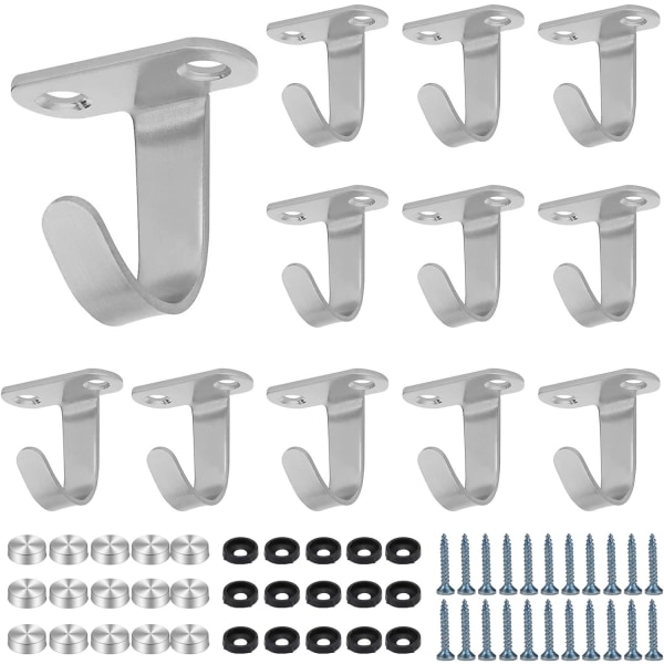 12 stykker takkrok Veggkrok, skruekrok i rustfritt stål med 24 skruer
