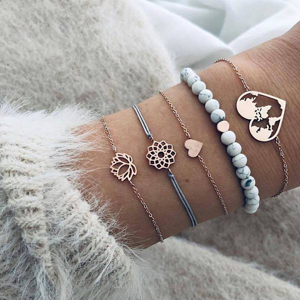 5 stk. armbånd til kvinder, hule lotus-smykker, justerbare, lyse glans