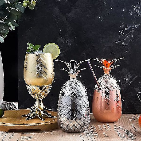 Ananasformad ishink med lock, dryckeshink i metall, rostfritt stål, ishink, cocktailtillbehör för drycker, 550 ml (silver)
