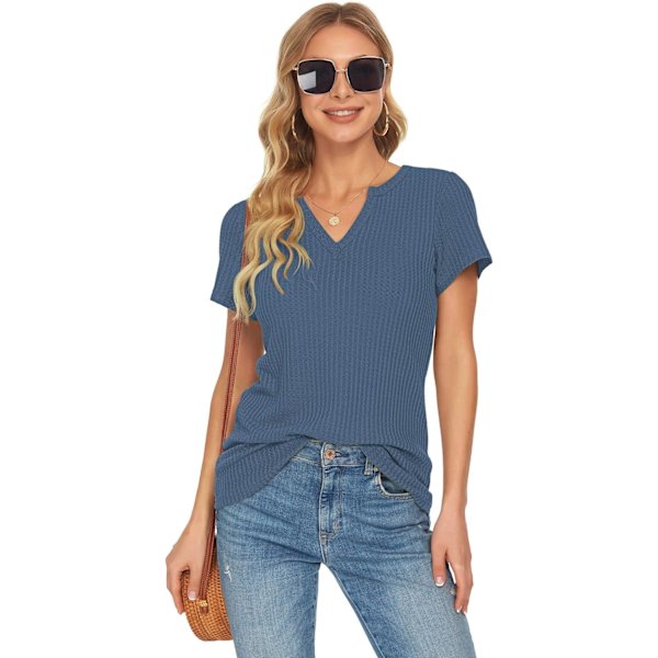 Kvinners sommer vaffel strikket kort ermet tunika topper V-hals Henley løs bluse