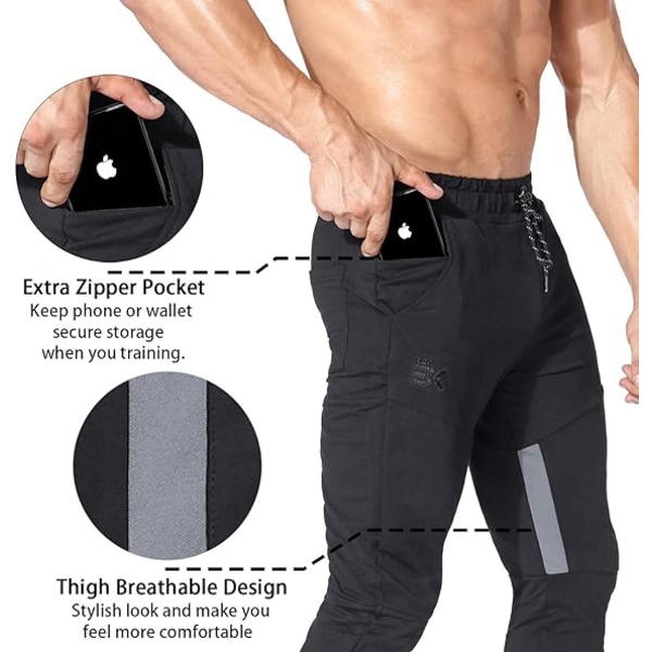 Herr Thigh Mesh Gym Jogger Byxor, Herr Casual Slim Fit Träning Bodybuilding Sweatpants med Dragkedja Fickor svart XL