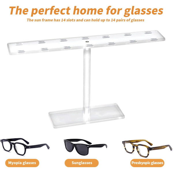 Brilleskjermstativ, Akryl Brilleholder med 14 Spor, Solbriller Stativ for Hjem, Kontor, Optiker (Transparent, 32*17*6cm)