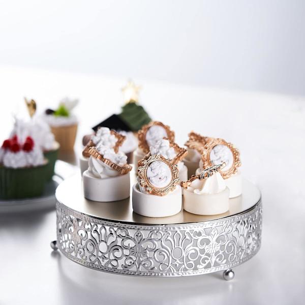 8\" Rund spets silver metall bröllopstårta stativ, dessert display stativ glänsande metallisk finish för dessert cupcake bakverk godis display