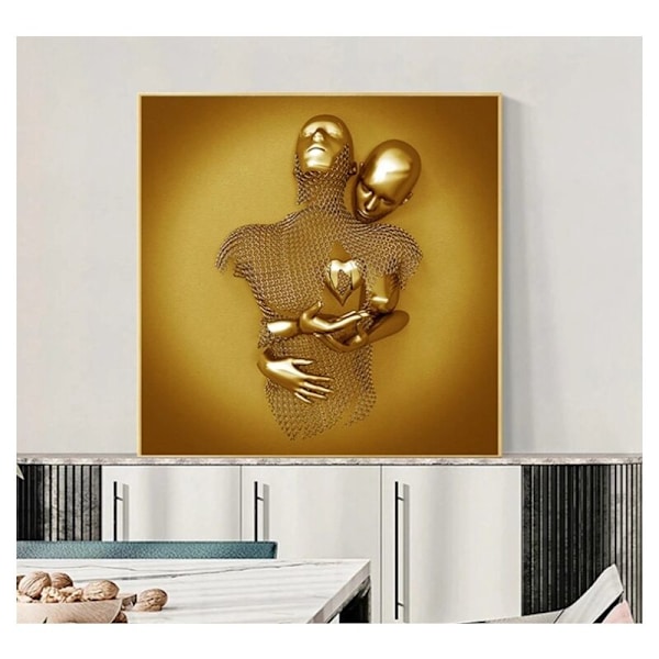 Love Heart 3D-effekt väggkonst abstrakt metallsculptur duk modern målning väggdekor 3040cm guld