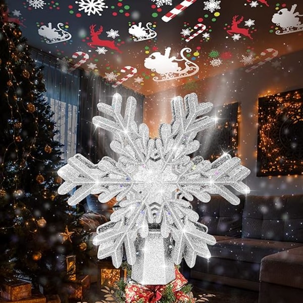 Juletrétopp - Snøfnugg juletrétopp belyst med 3D roterende snøfnugg - LED hul glitterprojektor - Juletrétopp for juletredekorasjoner (Sølv)
