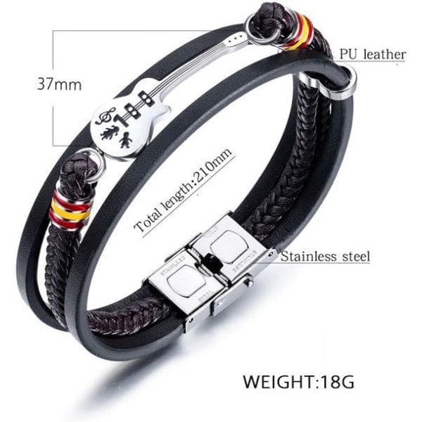Herr Gitarr Armband Flätad Flerskikts Läder Armband Rostfritt Stål Musikälskare Armband för Honom