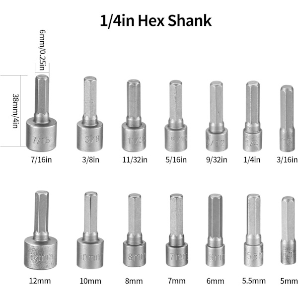 14 dele Hex Socket Nøgleadapter, Skruetrækkerindsats, Bit Socket Sæt
