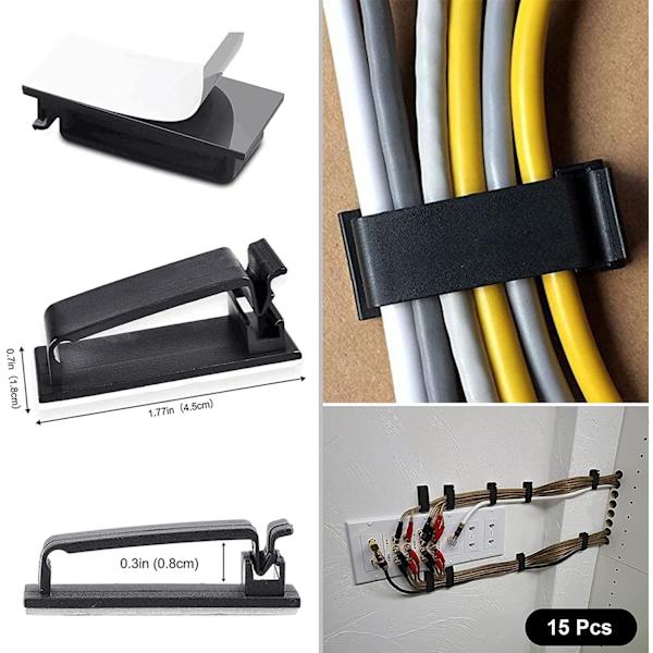 Kabelstyringskit, 4 ledningsorganisatorhylster, 3 kabelholder, 10+2 kabelorganisationsremme, 15 store ledningsklemmer, 100 kabelbindere til tv-pc-computer under skrivebordskontor
