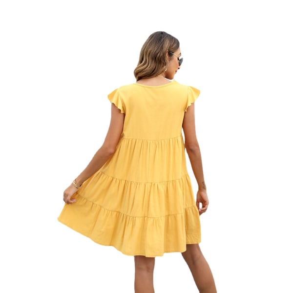 Kvinders Casual Trykt Ruffle Flutter Ærme Swing Tiered Kjole gul XL