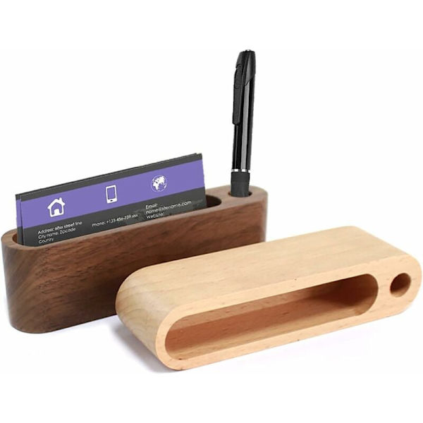 Træ visitkortholder, 2 stk. visitkortdisplaystand med pen