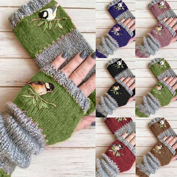 Kvinnor Höst Vinter Fågel Broderade Handskar Stickade Fingerlösa Färgblock Mit