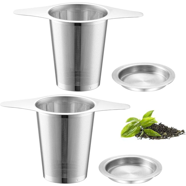 Rustfrit stål te-filter, 2 stk. te-filter med låg, te-si med låg, te-filter med dobbelthåndtag, til tekande, krus, kopper til brygning af løs