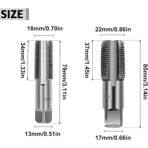 Sats med gängade tapp för rör, 1/2\" och 3/4\" - Perfekt för reparation av gängade rördelar - Högkvalitativt verktyg