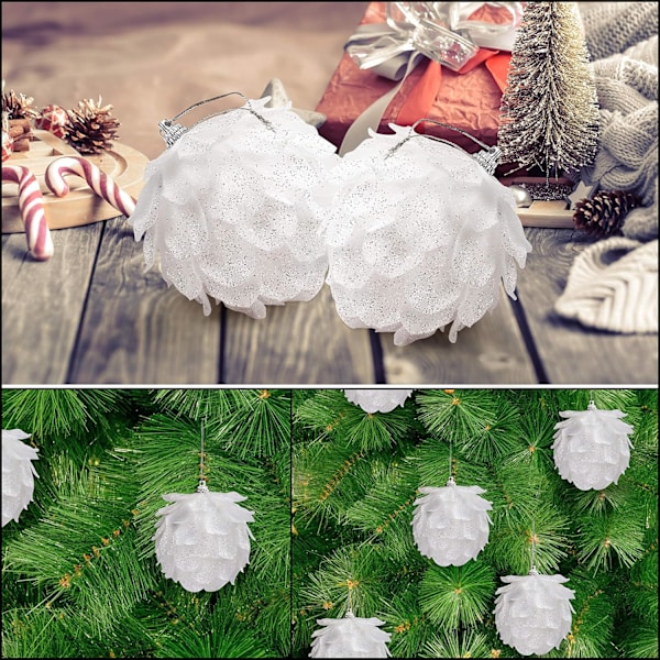 Pinecone Julekuler (4-pakning) - Store Hvite Glitrende Pinecone Julekuler med Snøre - Hvit Hengende Julepynt til Tre, Kranser,