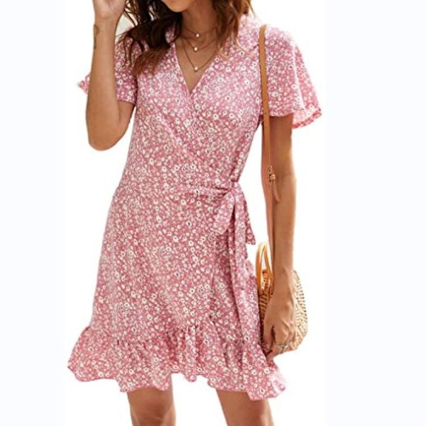 Kvinders sommer wrap V-hals prikket print flæse korte ærmer mini floral