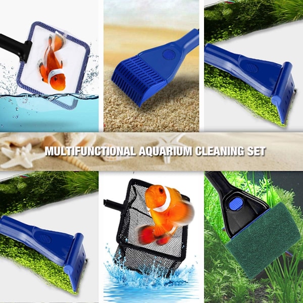6 i 1 Akvarie Rengøringssæt med Fiske Net, Landing Net, Grus Rake, Plante Clip, Squeegee, Svampe og Connector (6 i 1)