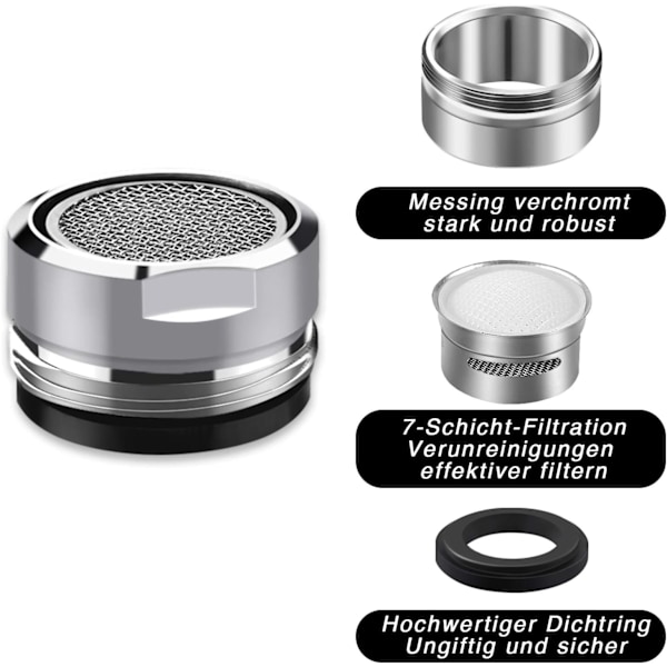 M24 Kranmunstycke, 6 st Vattenbesparande Kranmunstycke med Rostfritt Stål och ABS-filter, Inkluderar 8 Packningar och 1 Krom Krannyckel för Bad