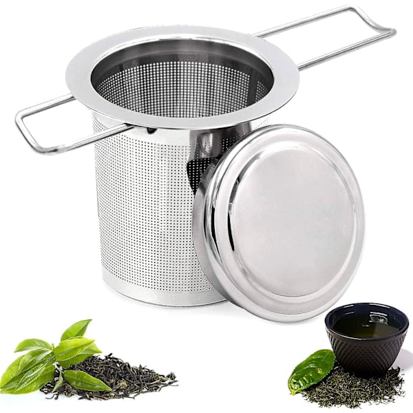 Te-sil i rustfritt stål, te-infuser te-sil med lokk, finmasket te-filter, sammenleggbart håndtak
