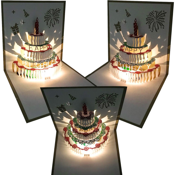 3D-avautuva syntymäpäiväkortti, lämmin LED-valo syntymäpäiväkakku musiikki Hyvää syntymäpäivää