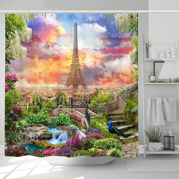 Suojakalvo vedenpitävä ja homeenkestävä Pariisin Eiffel-torni Riikinkukko Polyesterikylpyverho 180 x 180 cm