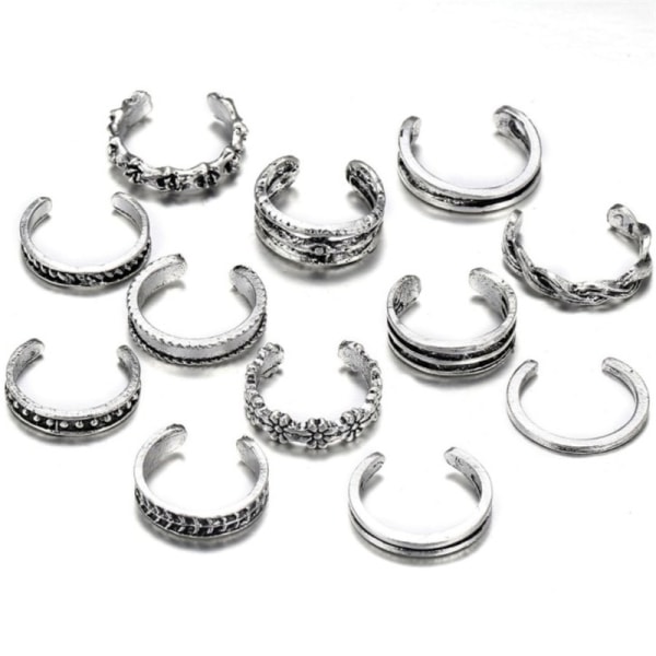 12-pack Boho Silver Rings / Rings - Justerbar Silver