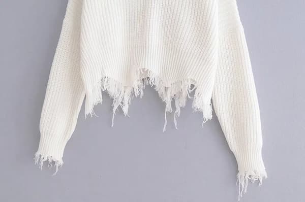 Dame V-hals løs strikket sweater langærmet rippet pullover Cro