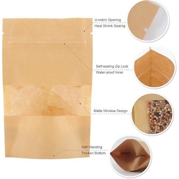 40 stycken små kraftpapperspåsar 10x15cm Återanvändbara Kraftpapperspåsar för mat Kraftpapperspåsar med dragkedja Matförpackningspåsar med transparent fönster för nötter matbönor C