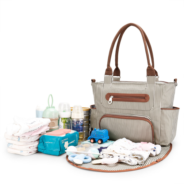 Tote stelleveske sett 6 stk for reise, multifunksjonell baby stelleveske med stellematte, skulderbag, håndveske babyflaskepose, Khaki