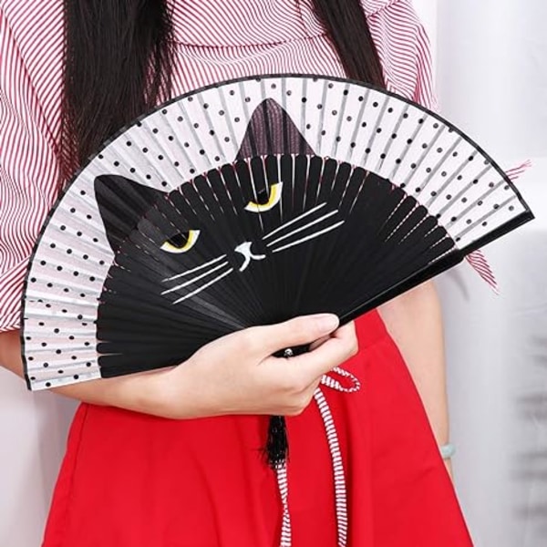 Cartoon Cat Folding Silk Fan Håndholdt Fan (svart)