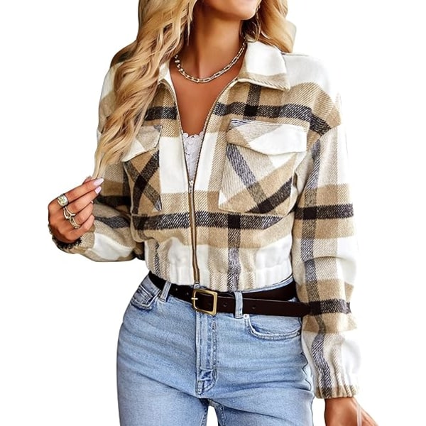 Dame Langærmet Flannel Ternet Crop Shacket Jakker Zip Up Lapel Lommer