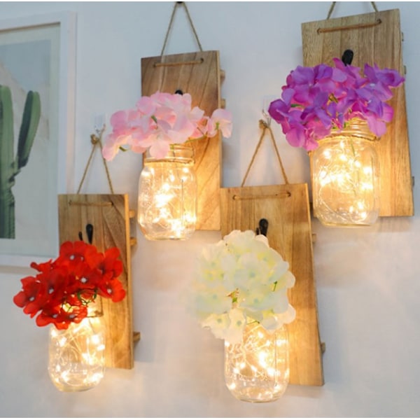 Rustika väggsconces, konstgjorda gröna växter hängande Mason Jar vägglampa med LED-remsor som fungerar för hemträdgårdsdekoration (set med 2)