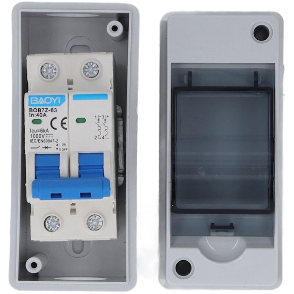 DC 40A Avbrottsbrytare Transparent Skyddande Kåpa Miniatyrkretsbrytare med IP65 Distributionsbox 1000V