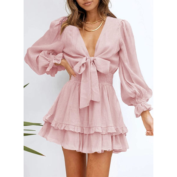Kvinde Forår/Sommer Knyttet V-hals Ruffle Langærmet Blomsterprint Swing