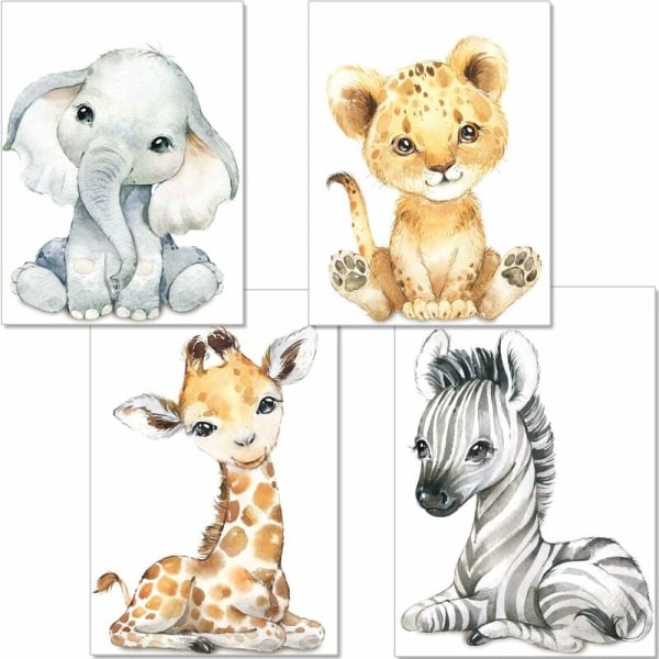 Sett med 4 babyplakater – A4-størrelse Zebra Tiger og Giraffe Prints, Tra