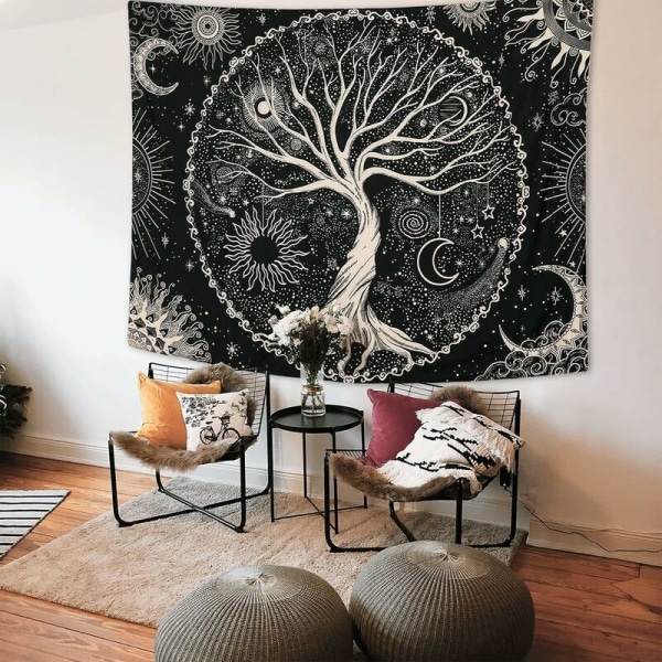 Tree of Life Tapestry Moon ja Black Sun seinälle ripustettava psykedeelinen kuvakudos