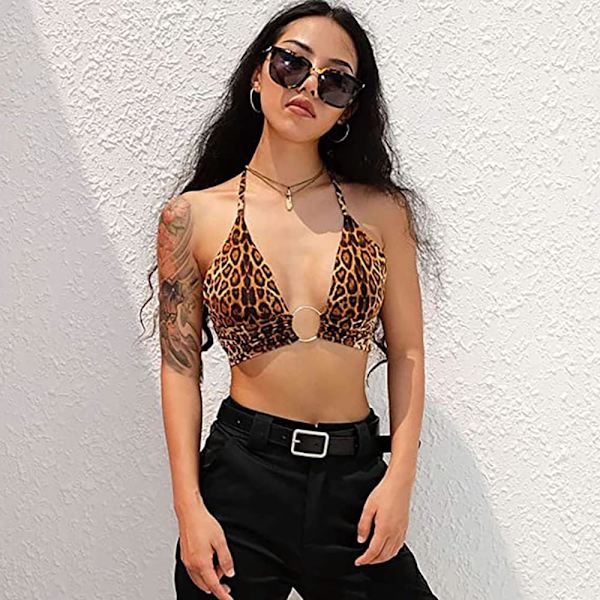 Naisten avoin selkä toppi streetwear club paneeli toppi leopardikuvio XL