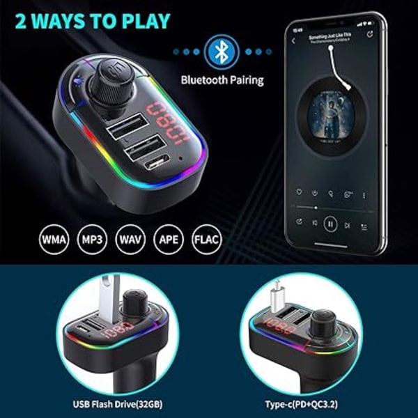 Bluetooth FM-sender, Bluetooth MP3-spiller trådløs radioadaptersett FM-sender billader med doble USB-porter, håndfri samtale, støtte for SD-kort og USB-flash-stasjon