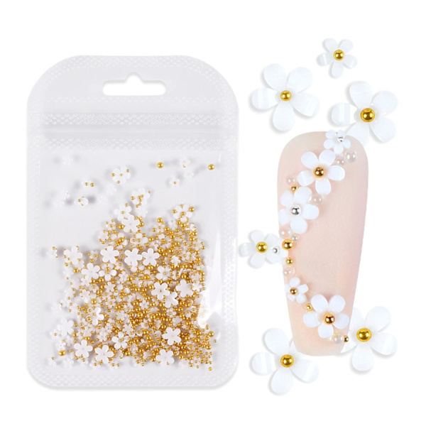 3D blomma nagelkonst smycken blomma applikation hänge vit guld pärla blomma