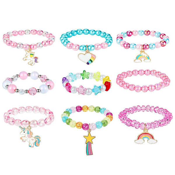 9 delar Princess Armband, Rainbow Stretchy Bead Armband Pink Love Brace