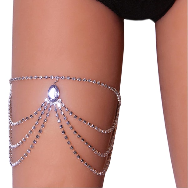 Rhinestone Lårkedja Elastisk Benkedja Lårbälte Kristall Flerskiktad Benkedja Armband Ben Smycken för Kvinnor Nattklubb