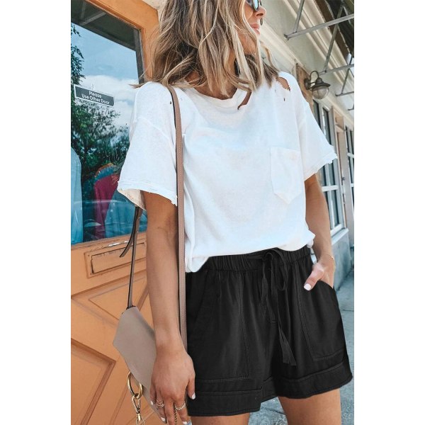 Kvinners komfortable shorts med snøring i midjen, elastisk linning og lommer, svart, L