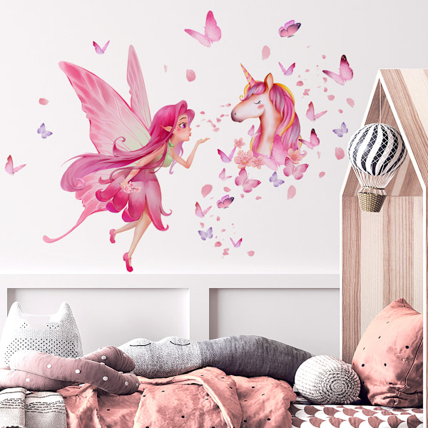 Fairy Unicorn Wall Stickers Mural Decals Rainbow Castle for Baby Girl Kids Room Nursery