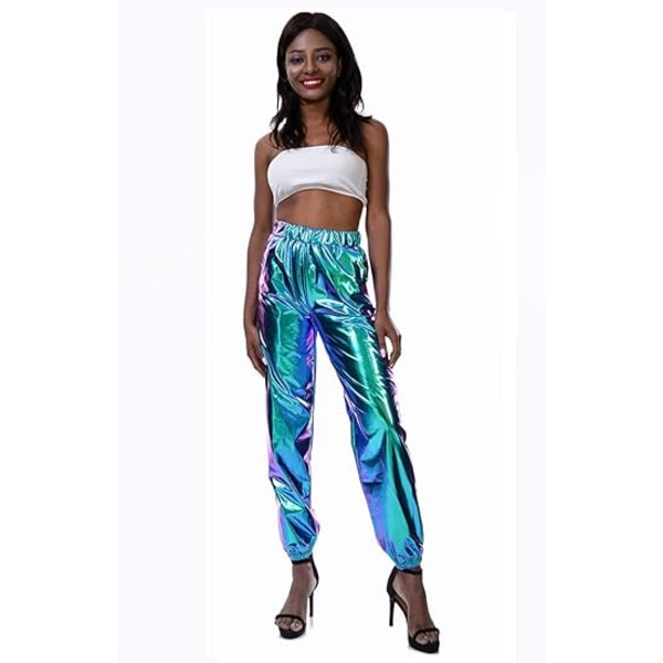 Skinnende metallisk høy midje stretchy joggerbukser for kvinner, Hip Hop Cl